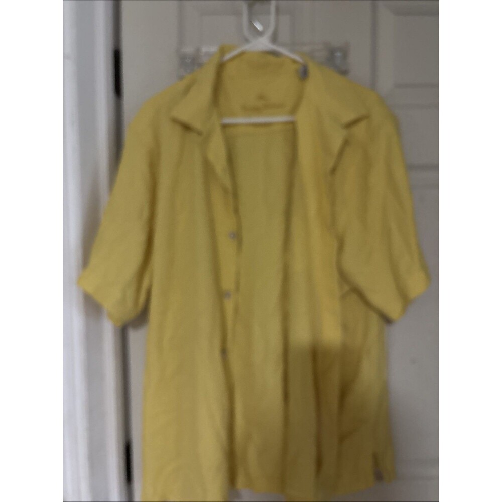 Tommy Bahama Shirt L Silk Blend Yellow Pocket Beach Button Up Short Sleeve Mens